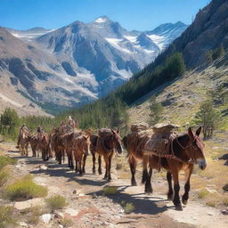 Create an image featuring dozens of pack mules on a trail in the mountains