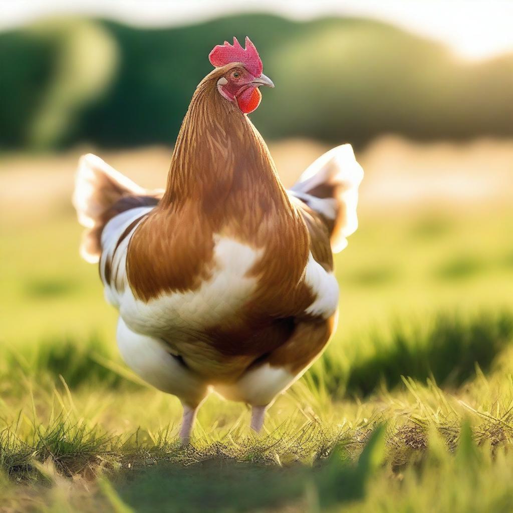 A beautiful hen standing in a green field with sunlight filtering through its feathers