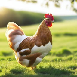 A beautiful hen standing in a green field with sunlight filtering through its feathers