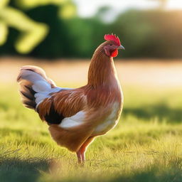 A beautiful hen standing in a green field with sunlight filtering through its feathers