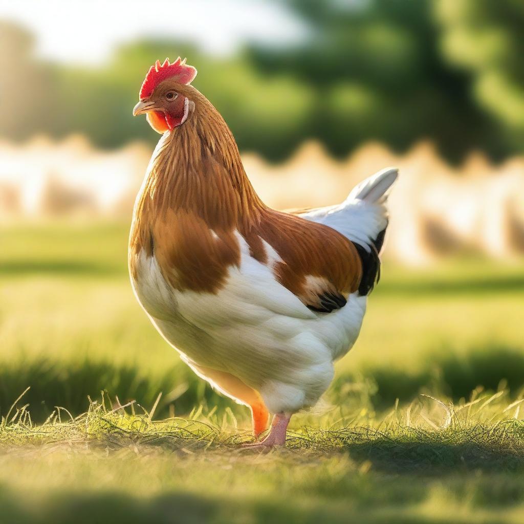 A beautiful hen standing in a green field with sunlight filtering through its feathers