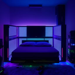 A bedroom with a gaming aesthetic, featuring a bed under the glow of vibrant RGB lighting.