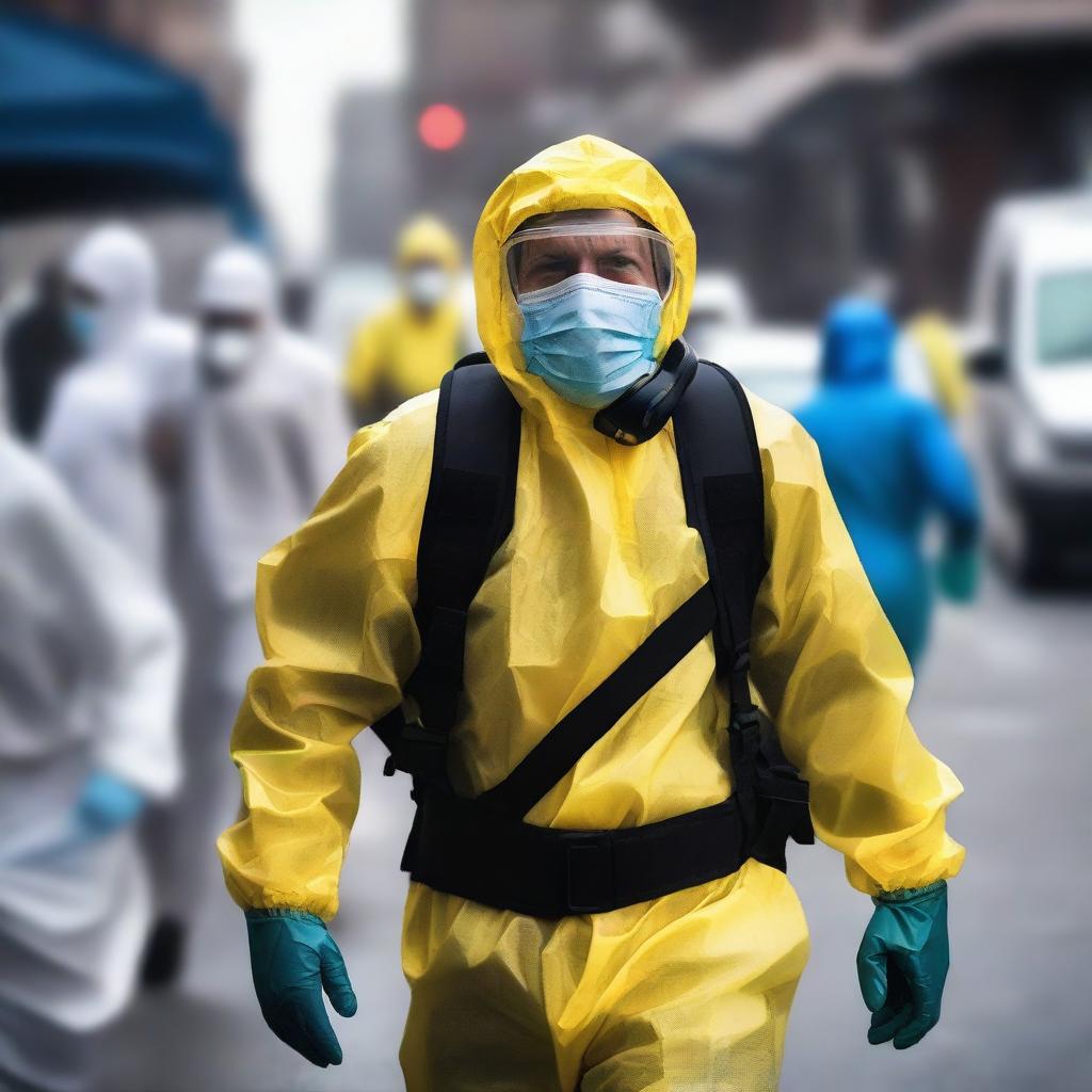 A courageous hero, draped in protective gear, navigating through the chaos of a pandemic