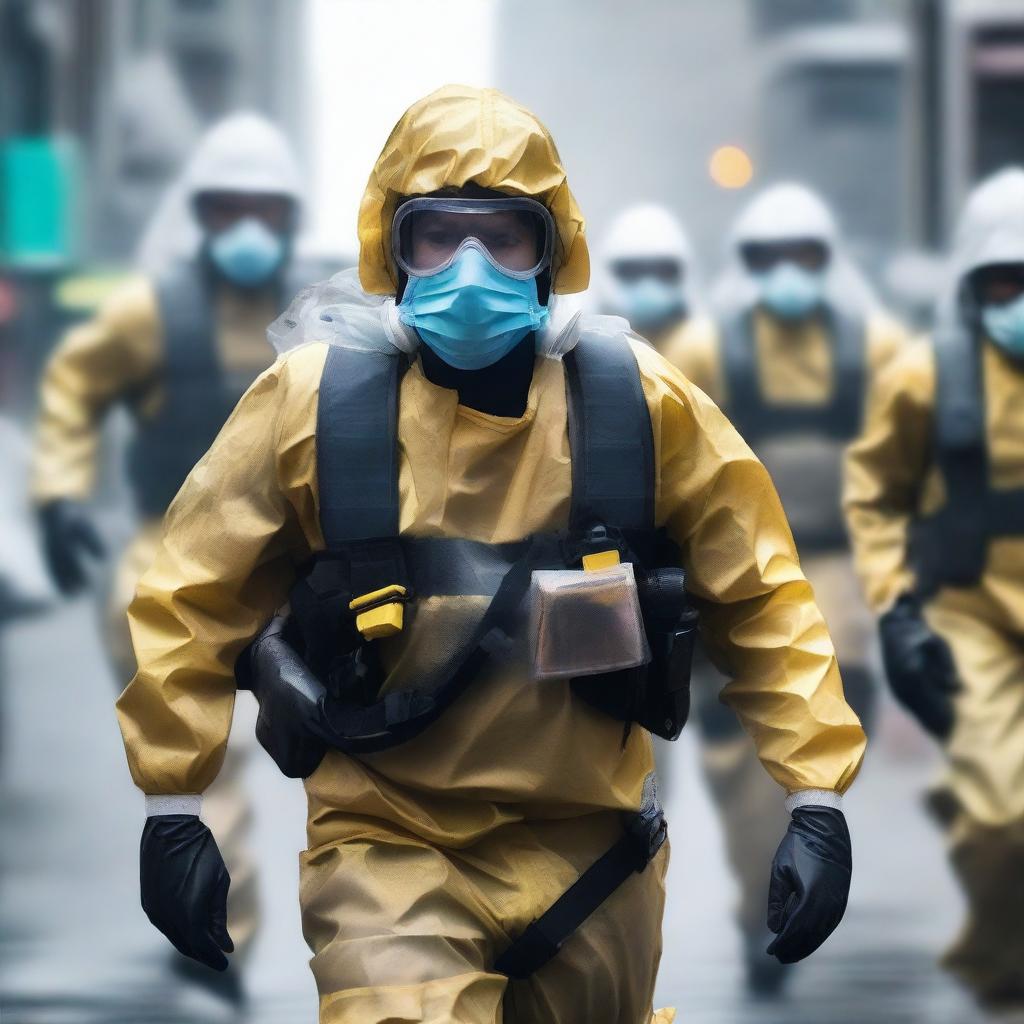 A courageous hero, draped in protective gear, navigating through the chaos of a pandemic