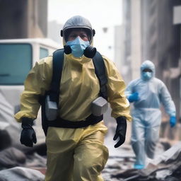 A courageous hero, draped in protective gear, navigating through the chaos of a pandemic