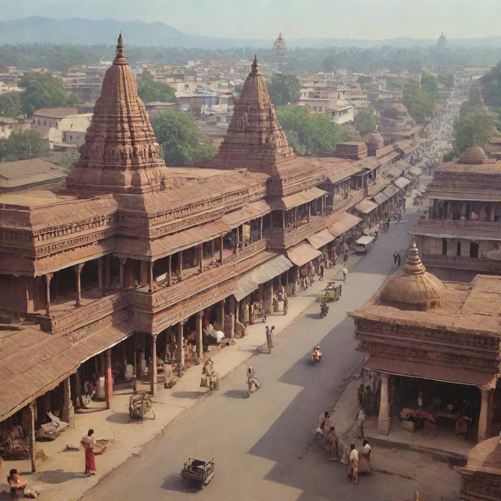 A stylized representation of Korpana, a place in India, as it looked in the year 1970. Include traditional Indian architecture and busy street scenes.