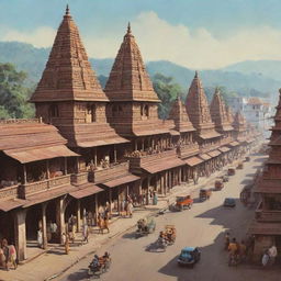 A stylized representation of Korpana, a place in India, as it looked in the year 1970. Include traditional Indian architecture and busy street scenes.