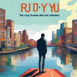 Modify the original image for the book cover of 'The Rub(y)con in Your Speech: Start Speaking and Never Look Back' to depict a person standing at the edge of a river, gazing at a bridge that crosses over to a vibrant, lively cityscape