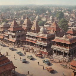 A stylized representation of Korpana, a place in India, as it looked in the year 1970. Include traditional Indian architecture and busy street scenes.