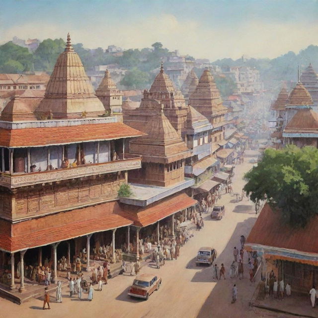 A stylized representation of Korpana, a place in India, as it looked in the year 1970. Include traditional Indian architecture and busy street scenes.