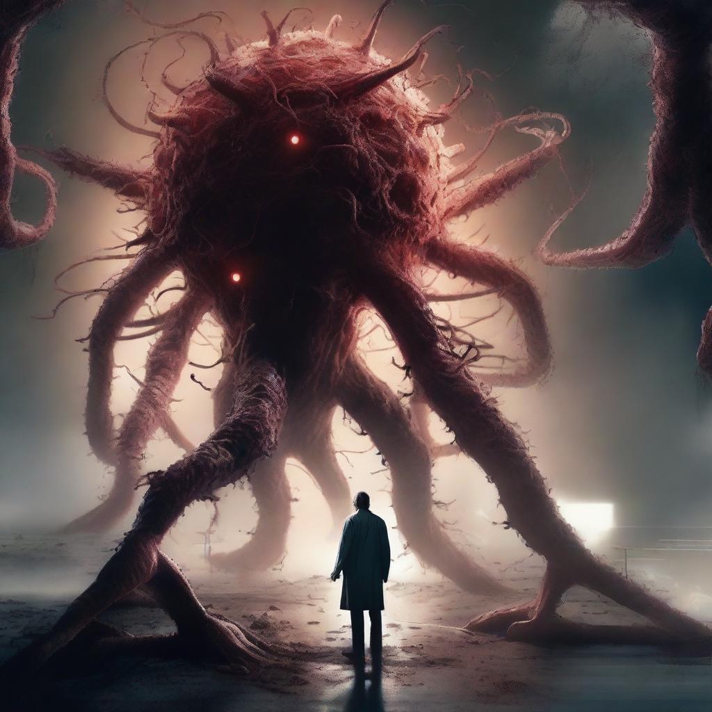 A dramatic scene depicting a lethal virus threatening humanity, with a dedicated scientist working tirelessly to combat it