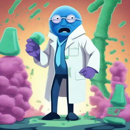 A heroic scientist, standing tall and confident in the face of a giant bacteria