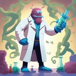 A heroic scientist, standing tall and confident in the face of a giant bacteria