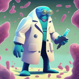 A heroic scientist, standing tall and confident in the face of a giant bacteria