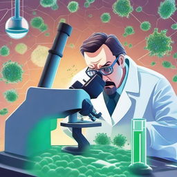 A diligent scientist, engaged in a battle of wits with microscopic enemies - bacteria and viruses