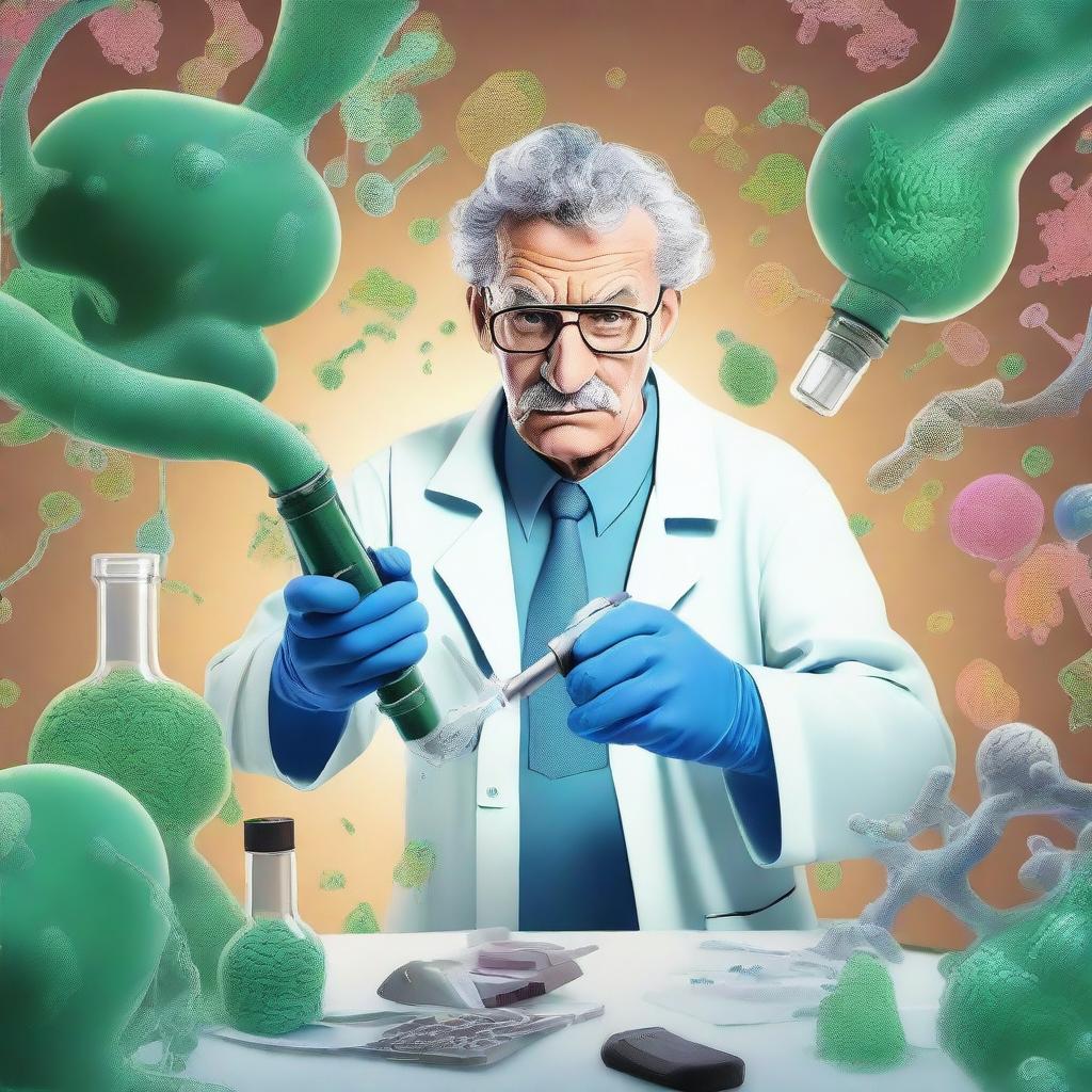 A dynamic scene depicting a scientist locked in a battle of wits with a bacterium