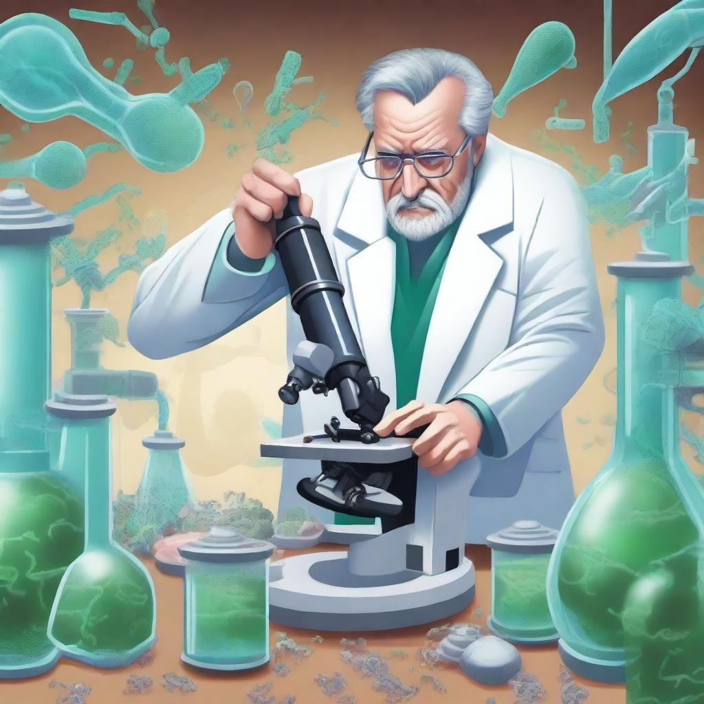 A dynamic scene depicting a scientist locked in a battle of wits with a bacterium