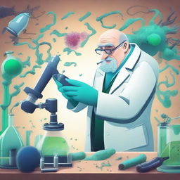 A dynamic scene depicting a scientist locked in a battle of wits with a bacterium