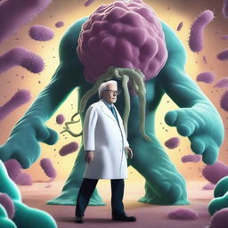 An intense scene of a scientist battling a giant bacteria