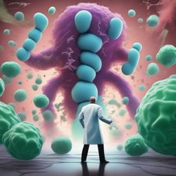 An intense scene of a scientist battling a giant bacteria