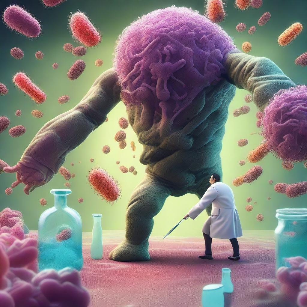 An intense scene of a scientist battling a giant bacteria