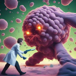 An intense scene of a scientist battling a giant bacteria