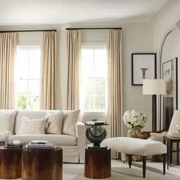 A transitional style interior design featuring a harmonious blend of traditional and contemporary elements, rich in neutral colors with elegant furnishings.