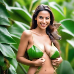 Generate a super realistic, high-resolution, super HD quality image of a beautiful, sexy Spanish woman, nude, using banana leaves to cover her chest and backside