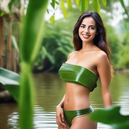 A beautiful sexy Spanish woman, holding a banana leaf to cover her chest and buttocks, smiling seductively, with bamboo trees and a beautiful clear small river in the background