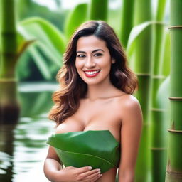 A beautiful sexy Spanish woman, holding a banana leaf to cover her chest and buttocks, smiling seductively, with bamboo trees and a beautiful clear small river in the background