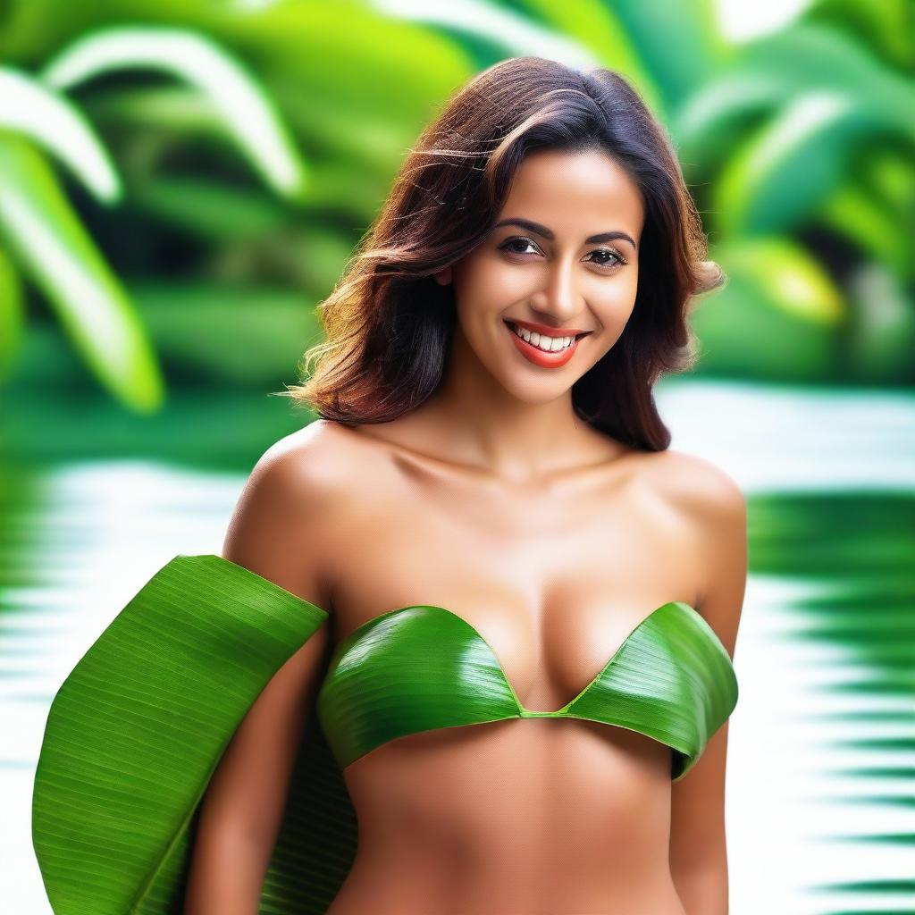 A beautiful sexy Spanish woman, holding a banana leaf to cover her chest and buttocks, smiling seductively, with a beautiful clear small river in the background