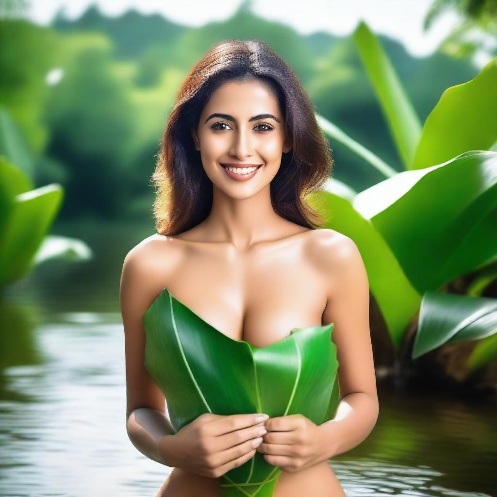 A beautiful sexy Spanish woman, holding a banana leaf to cover her chest and buttocks, smiling seductively, with a beautiful clear small river in the background