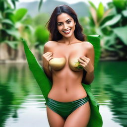 A beautiful sexy Spanish woman, holding a banana leaf to cover her chest and buttocks, smiling seductively, with a beautiful clear small river in the background