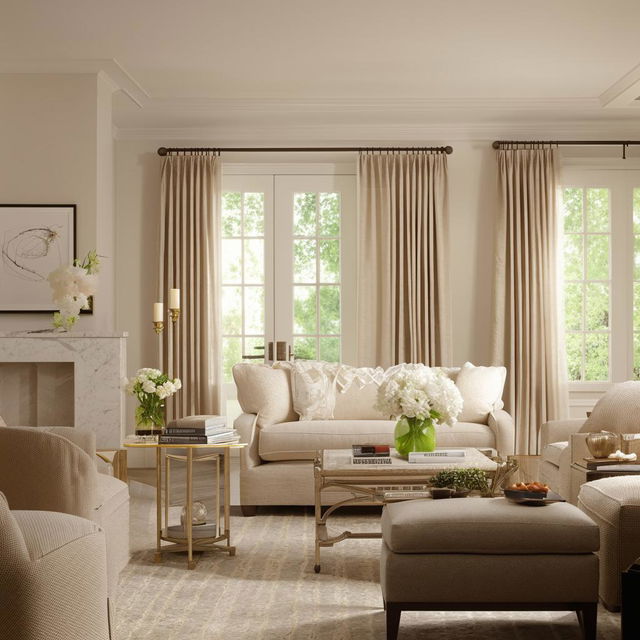 A transitional style interior design featuring a harmonious blend of traditional and contemporary elements, rich in neutral colors with elegant furnishings.