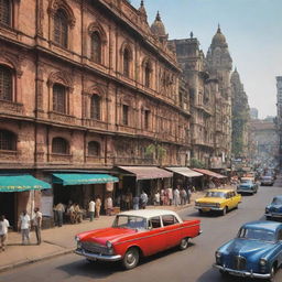 Create a vibrant depiction of Mumbai City during the 1960s. Showcase colonial-era architecture, bustling markets, vintage cars, and the life-filled streets.