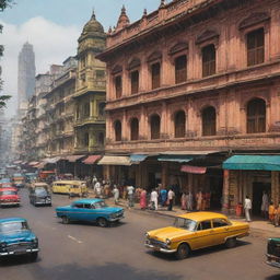 Create a vibrant depiction of Mumbai City during the 1960s. Showcase colonial-era architecture, bustling markets, vintage cars, and the life-filled streets.