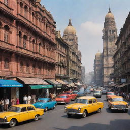 Create a vibrant depiction of Mumbai City during the 1960s. Showcase colonial-era architecture, bustling markets, vintage cars, and the life-filled streets.