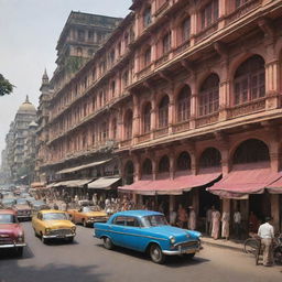 Create a vibrant depiction of Mumbai City during the 1960s. Showcase colonial-era architecture, bustling markets, vintage cars, and the life-filled streets.