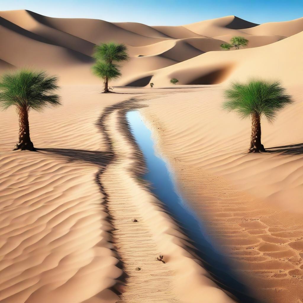 Generate an image of a path in a hot, arid desert leading to a source of clean, refreshing drinking water