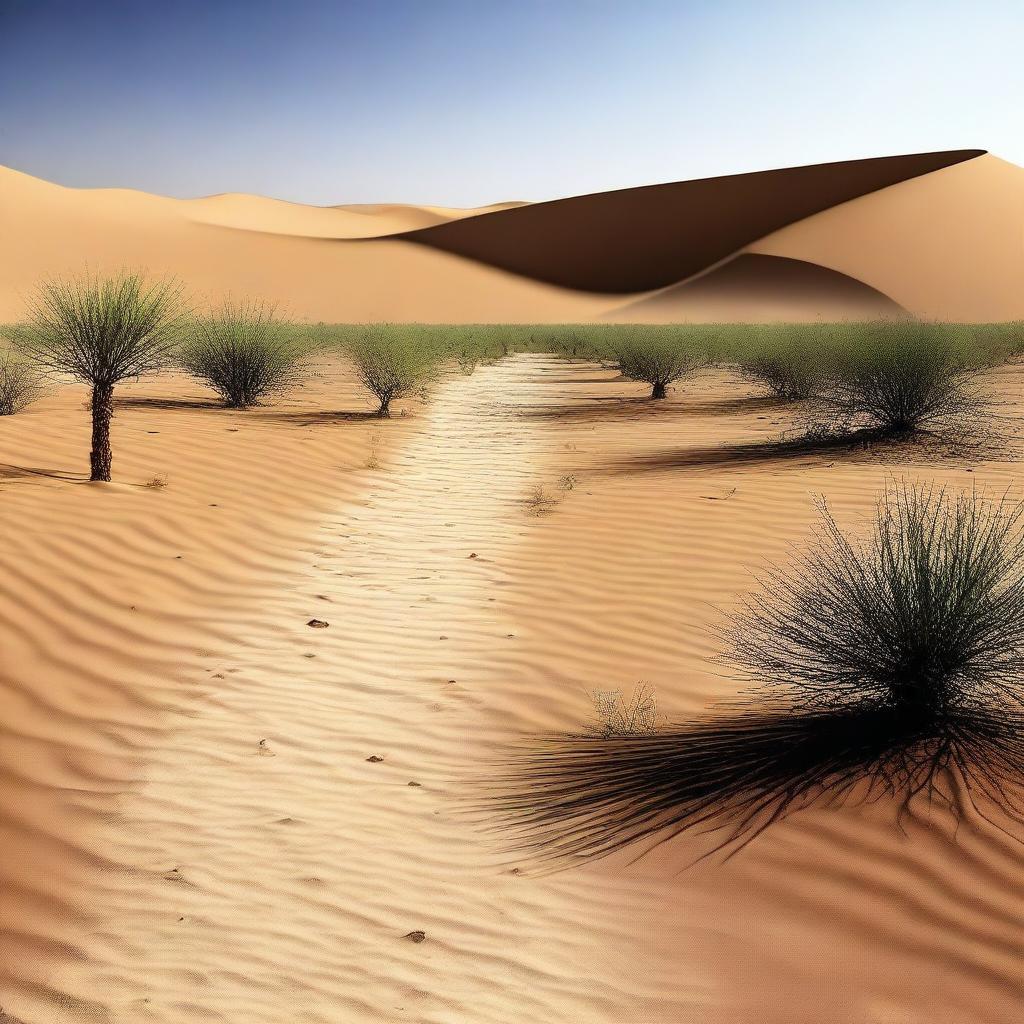 Generate an image of a path in a hot, arid desert leading to a source of clean, refreshing drinking water