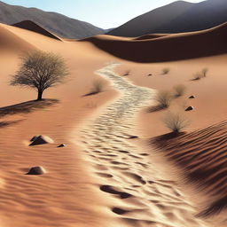 Generate an image of a path in a hot, arid desert leading to a source of clean, refreshing drinking water