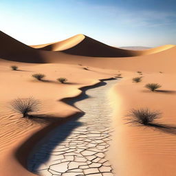 Generate an image of a path in a hot, arid desert leading to a source of clean, refreshing drinking water