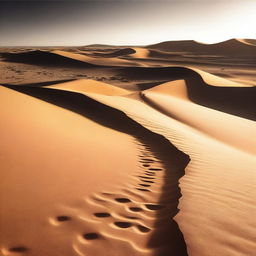 Create an image of a path that traverses through an arid, sandy desert, leading to a well filled with clear, refreshing water