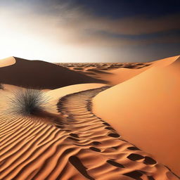 Create an image of a path that traverses through an arid, sandy desert, leading to a well filled with clear, refreshing water