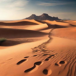 Create an image of a path that traverses through an arid, sandy desert, leading to a well filled with clear, refreshing water