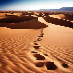 Create an image of a path that traverses through an arid, sandy desert, leading to a well filled with clear, refreshing water