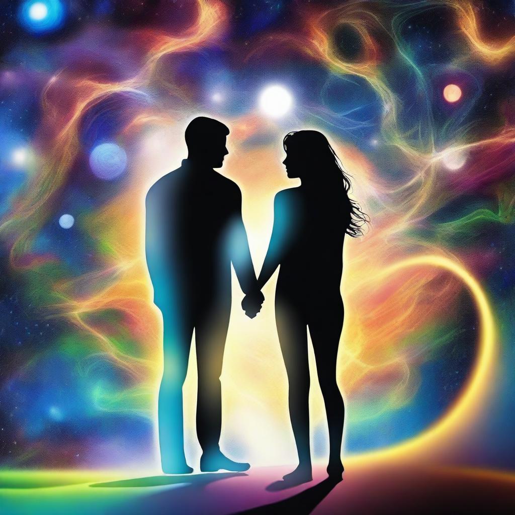 Create an image of a couple, each residing in their own parallel universe