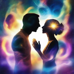 Create an image of a couple, each residing in their own parallel universe