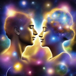 Create an image of a couple, each residing in their own parallel universe