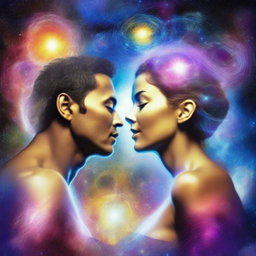 Create an image of a couple, each residing in their own parallel universe
